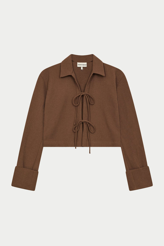 TEXTURED LINEN TIE FRONT SHIRT - BROWN