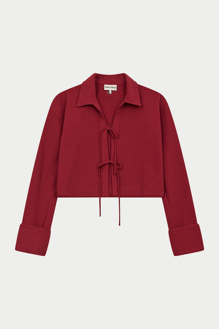 TEXTURED LINEN TIE FRONT SHIRT - BURGUNDY