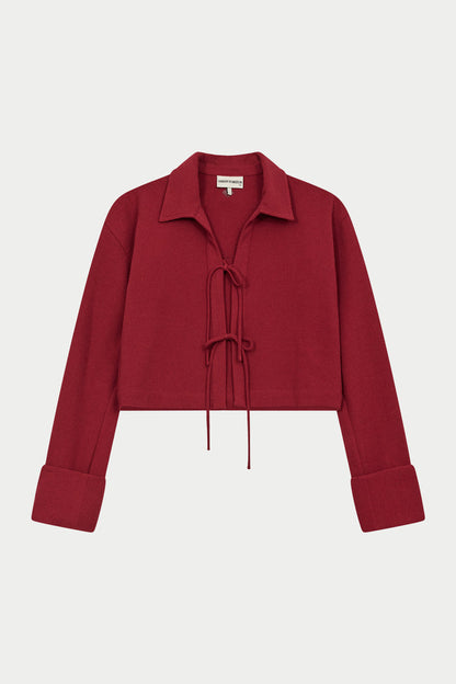 TEXTURED LINEN TIE FRONT SHIRT - BURGUNDY