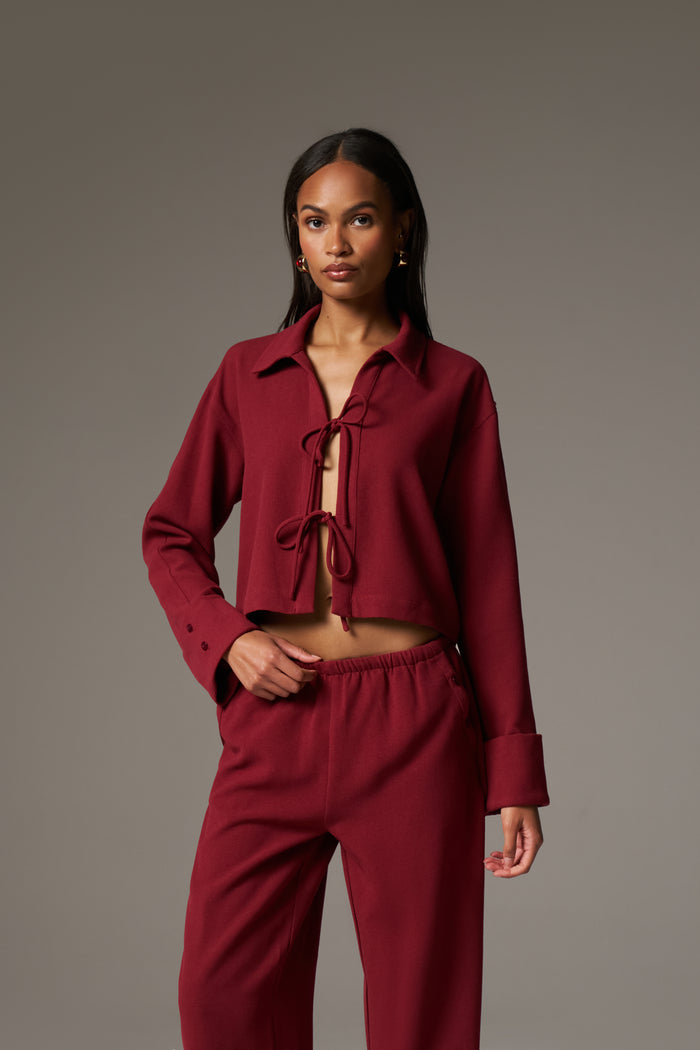 TEXTURED LINEN TIE FRONT SHIRT - BURGUNDY