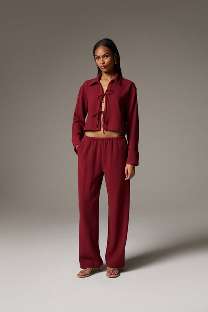 TEXTURED LINEN TIE FRONT SHIRT - BURGUNDY