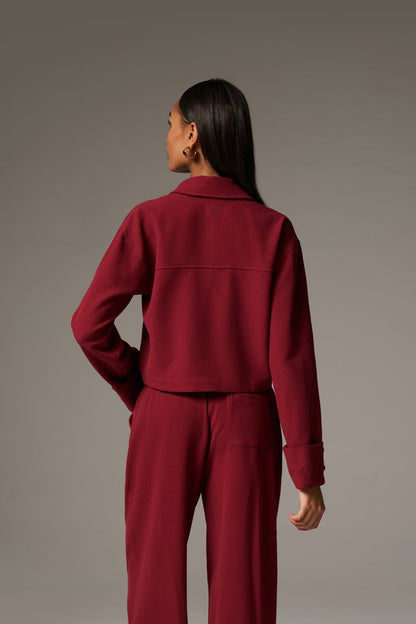 TEXTURED LINEN TIE FRONT SHIRT - BURGUNDY