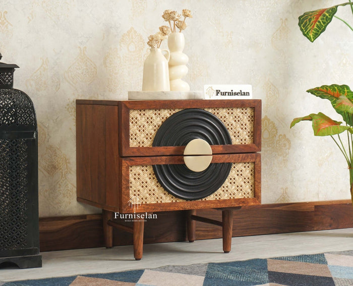The Regal Solid Wood Rattan Bedside Table Two Drawer Furniselan Brown Finish