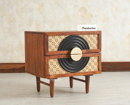 The Regal Solid Wood Rattan Bedside Table Two Drawer Furniselan Brown Finish