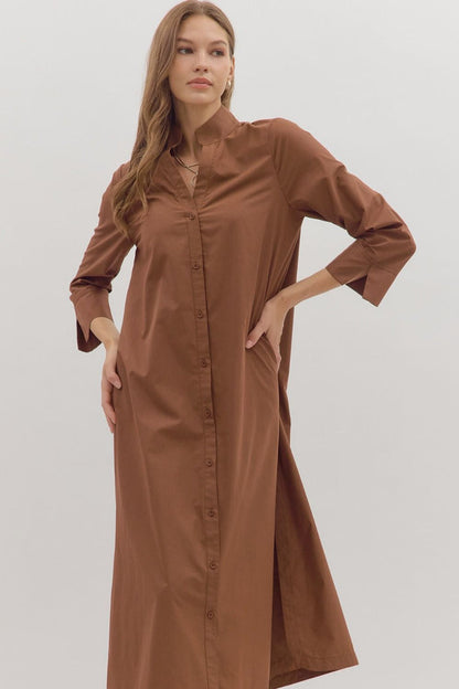 entro solid long sleeve brown midi dress front upclose