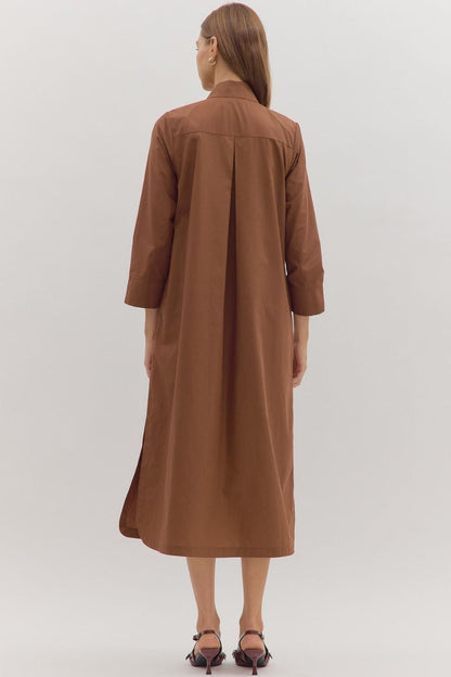 entro solid long sleeve brown midi dress back