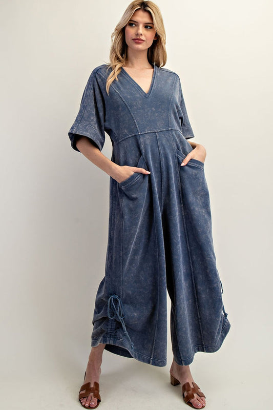 Women's wide leg knit jumpsuit in washed blue denim color with adjustable length by ee:some