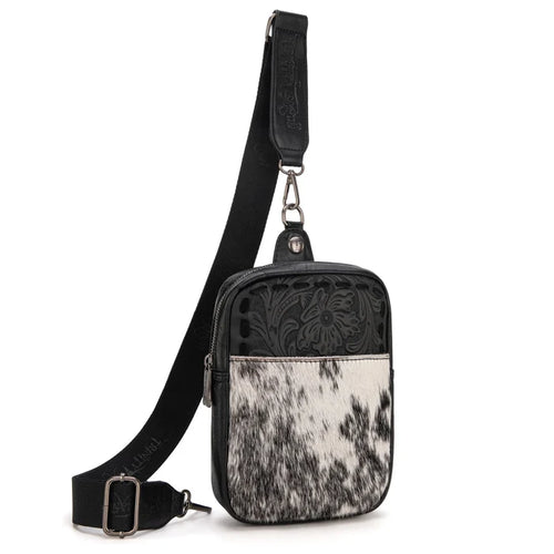 Trinity Ranch Genuine Hair-On Cowhide Tooled Sling Bag