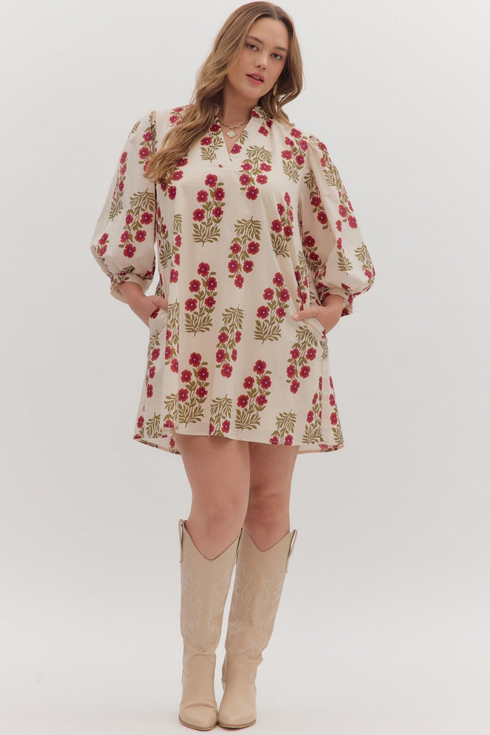 Women's ecru, dark red and olive floral print dress by Entro in plus showing full front view