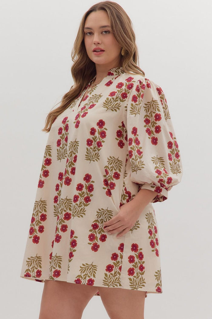 Women's ecru, dark red and olive floral print dress by Entro in plus showing slight side view