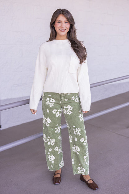 Women's washed olive twill floral print wide leg barrel pants by Entro showing full front view