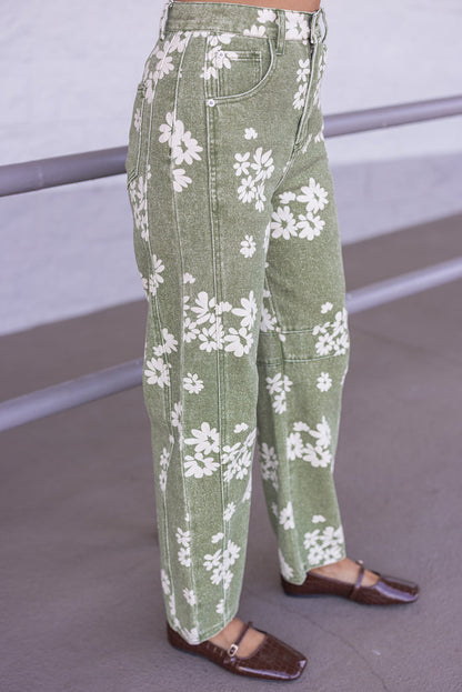 Women's washed olive twill floral print wide leg barrel pants by Entro showing high rise waist and barrel legs