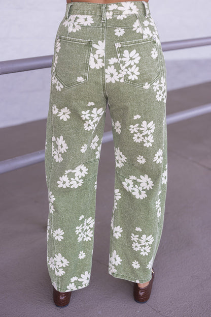 Women's washed olive twill floral print wide leg barrel pants by Entro showing back view