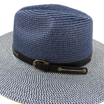 Two Tone Panama Foldable Hat - Mottled/Navy Blue with Belt (57cm)