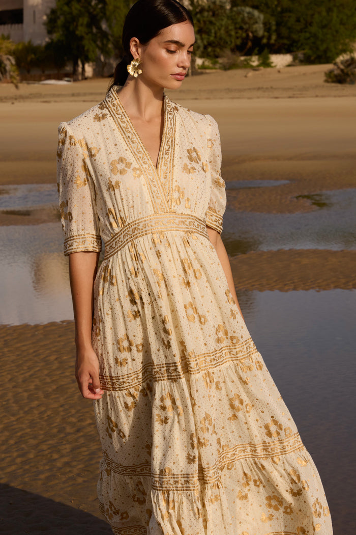 V-Neck Cuffed Maxi- Carlin Cream Gold