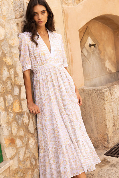V-Neck Cuffed Maxi- Helene Cream Gold