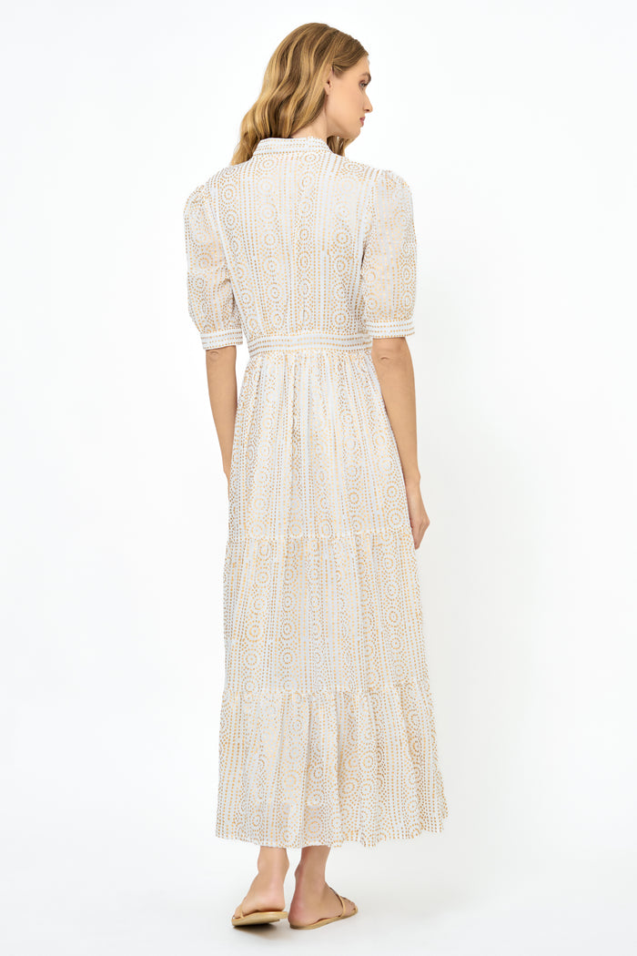 V-Neck Cuffed Maxi- Helene Cream Gold