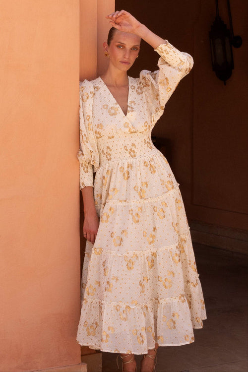 V-Neck Smocked Waist Midi- Carlin Cream Gold