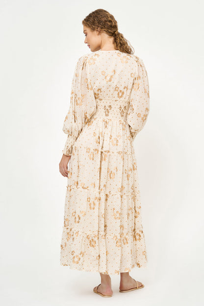 V-Neck Smocked Waist Midi- Carlin Cream Gold
