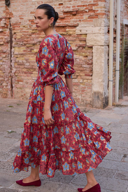 V-Neck Smocked Waist Midi- Kildare Red