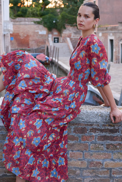 V-Neck Smocked Waist Midi- Kildare Red