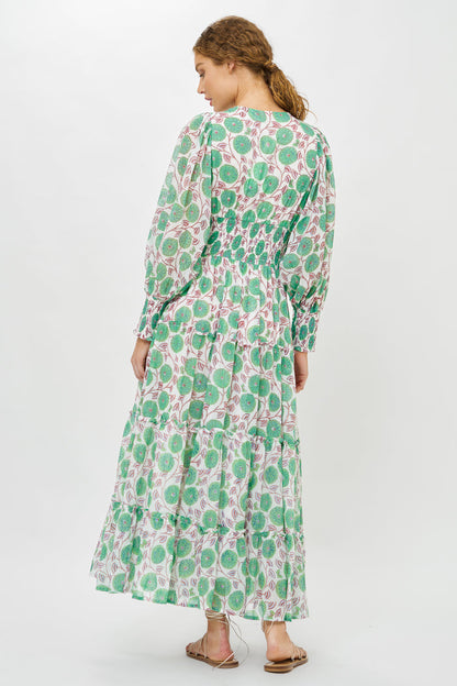 V-Neck Smocked Waist Midi- Monarch Green