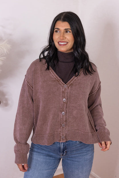 Women's washed mocha brown button front sweater knit cardigan by Bibi