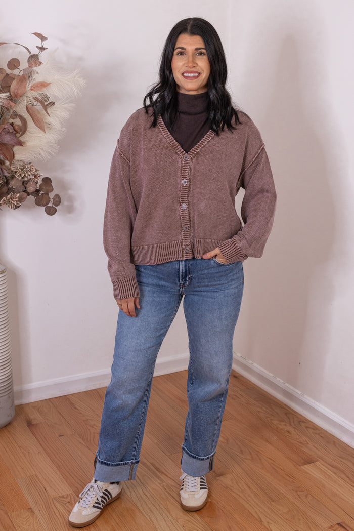Women's washed mocha brown button front sweater knit cardigan by Bibi showing full front view