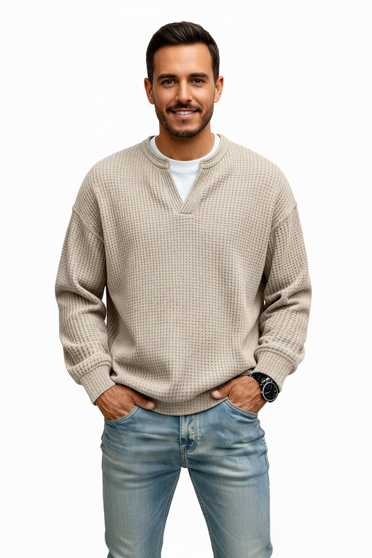 Men’s waffle knit long sleeve shown in a relaxed everyday fit with textured detail