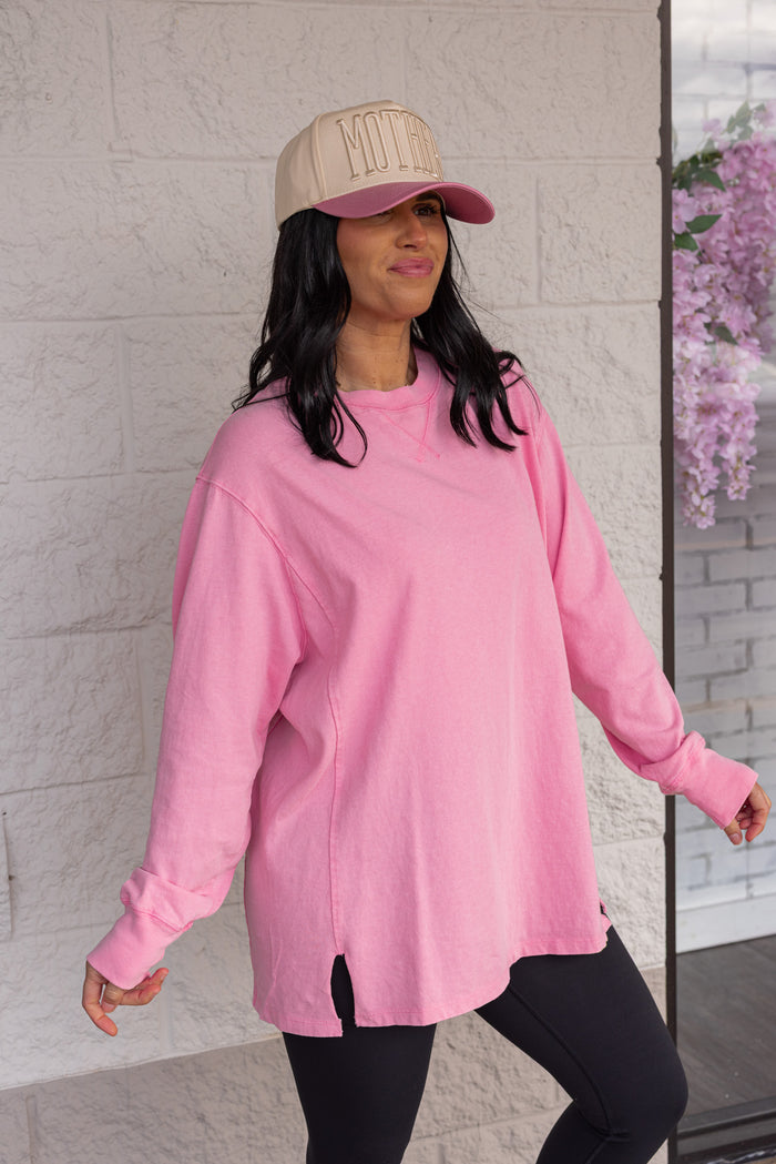 Women's mineral washed taffy pink long sleeve top by Hyfve showing up close, slight side view