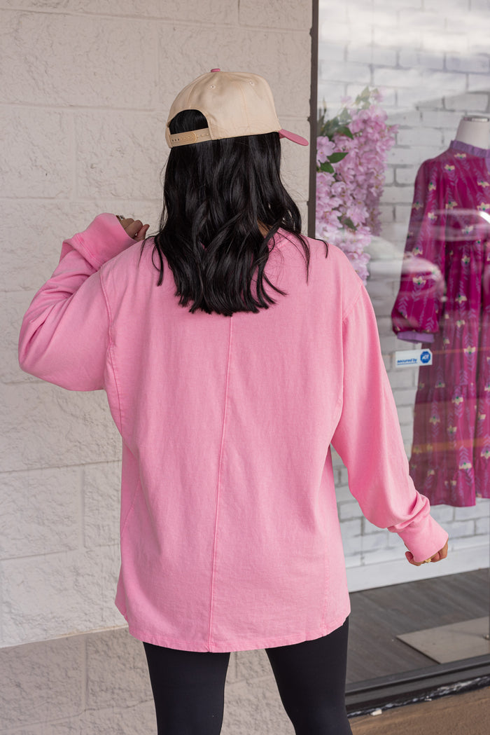 Women's mineral washed taffy pink long sleeve top by Hyfve showing up close back view