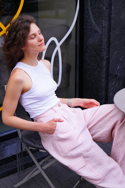Wide Linen Cargo Pants ALBA in Light pink