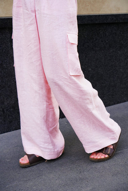 Wide Linen Cargo Pants ALBA in Light pink