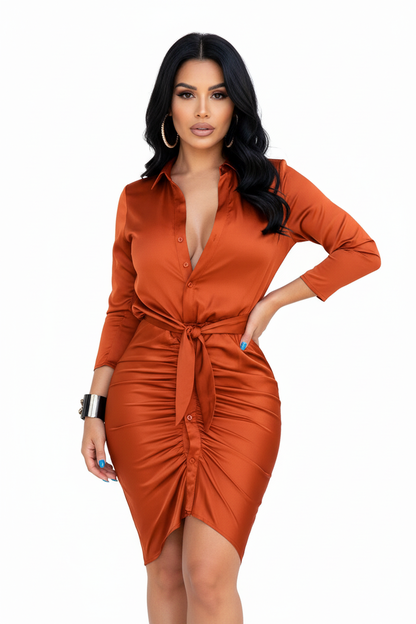 Women's Lace-Up Midi Shirt Dress Long Sleeve - Elegance