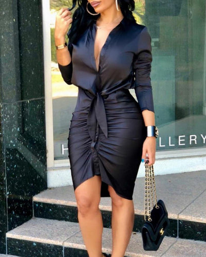 Women's Lace-Up Midi Shirt Dress Long Sleeve - Elegance