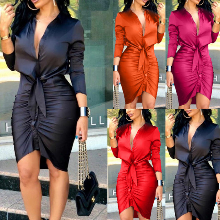 Women's Lace-Up Midi Shirt Dress Long Sleeve - Elegance
