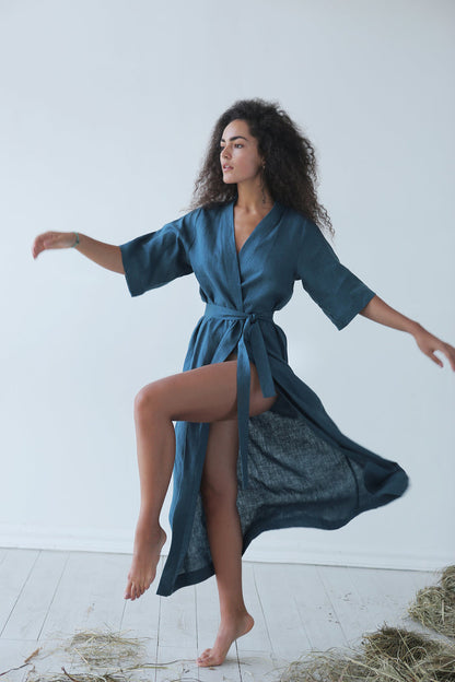 Women’s Long Linen Kimono UME in Navy blue
