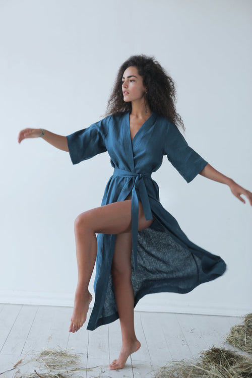 Women’s Long Linen Kimono UME in Navy blue