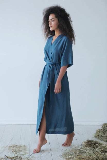 Women’s Long Linen Kimono UME in Navy blue