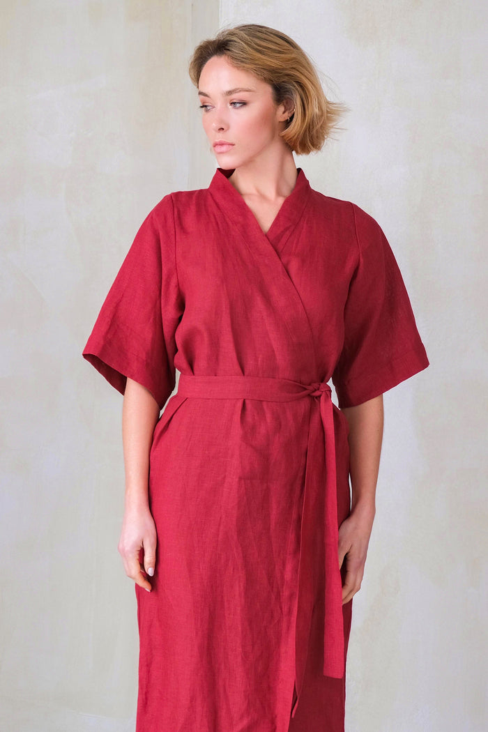 Women’s Long Linen Kimono UME in Red