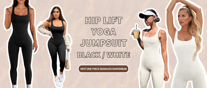 Two models wearing black and white hip lift yoga jumpsuits on a beige background.