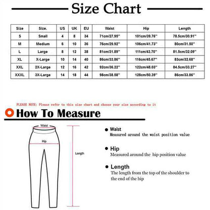 Size chart for pants with measurements in various units