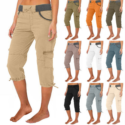 Collage of various colored capri pants worn by models on a white background